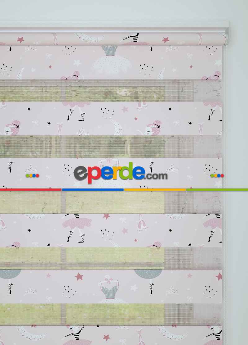 Pembe Balerin Desenli Baskılı Zebra Perde