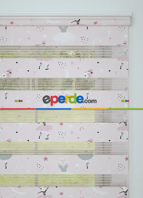 Pembe Balerin Desenli Baskılı Zebra Perde