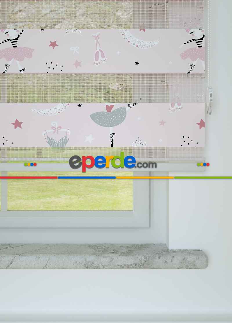 Pembe Balerin Desenli Baskılı Zebra Perde