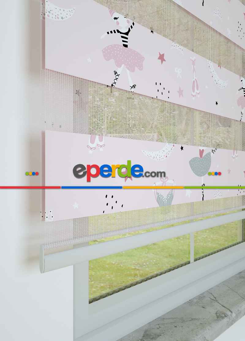 Pembe Balerin Desenli Baskılı Zebra Perde