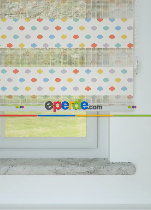 Sarı Mavi Geometrik Desenli Baskılı Zebra Perde