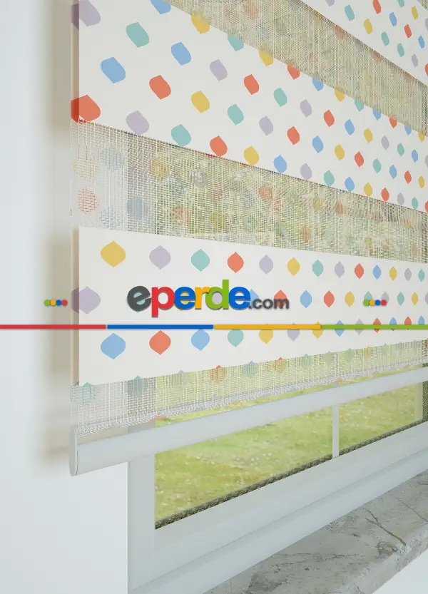 Sarı Mavi Geometrik Desenli Baskılı Zebra Perde