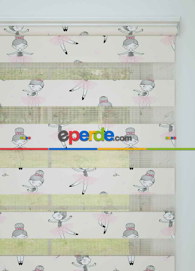 Çocuk Odası - Pembe Balerin Desenli Baskılı Zebra Perde