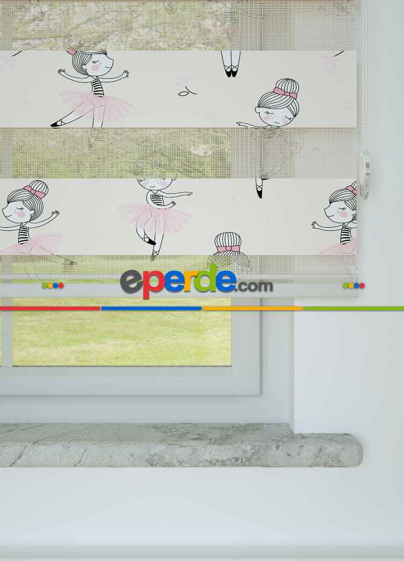 Çocuk Odası - Pembe Balerin Desenli Baskılı Zebra Perde