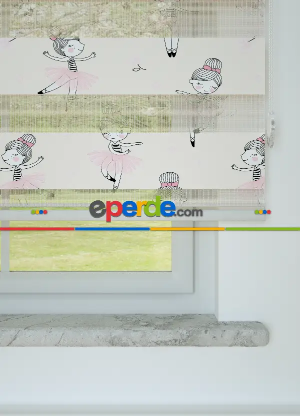 Pembe Balerin Desenli Baskılı Zebra Perde