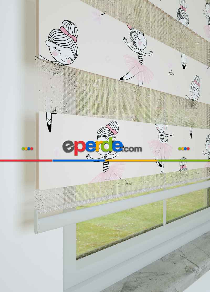 Çocuk Odası - Pembe Balerin Desenli Baskılı Zebra Perde