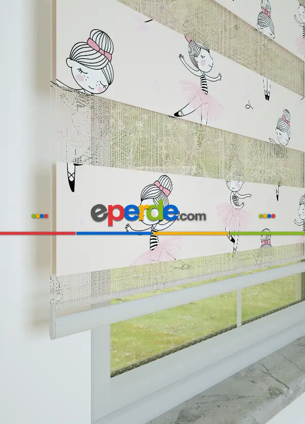 Pembe Balerin Desenli Baskılı Zebra Perde