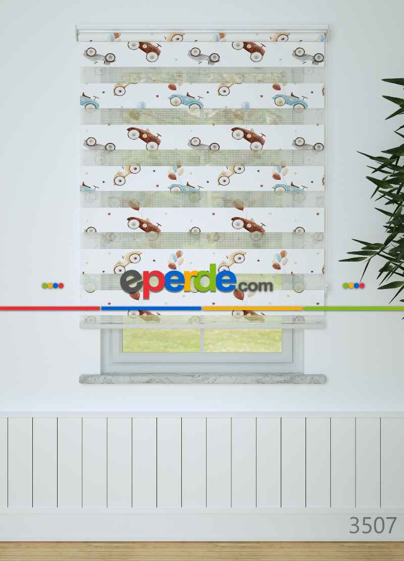 Çocuk Odası - Mavi Araba Desenli Baskılı Zebra Perde