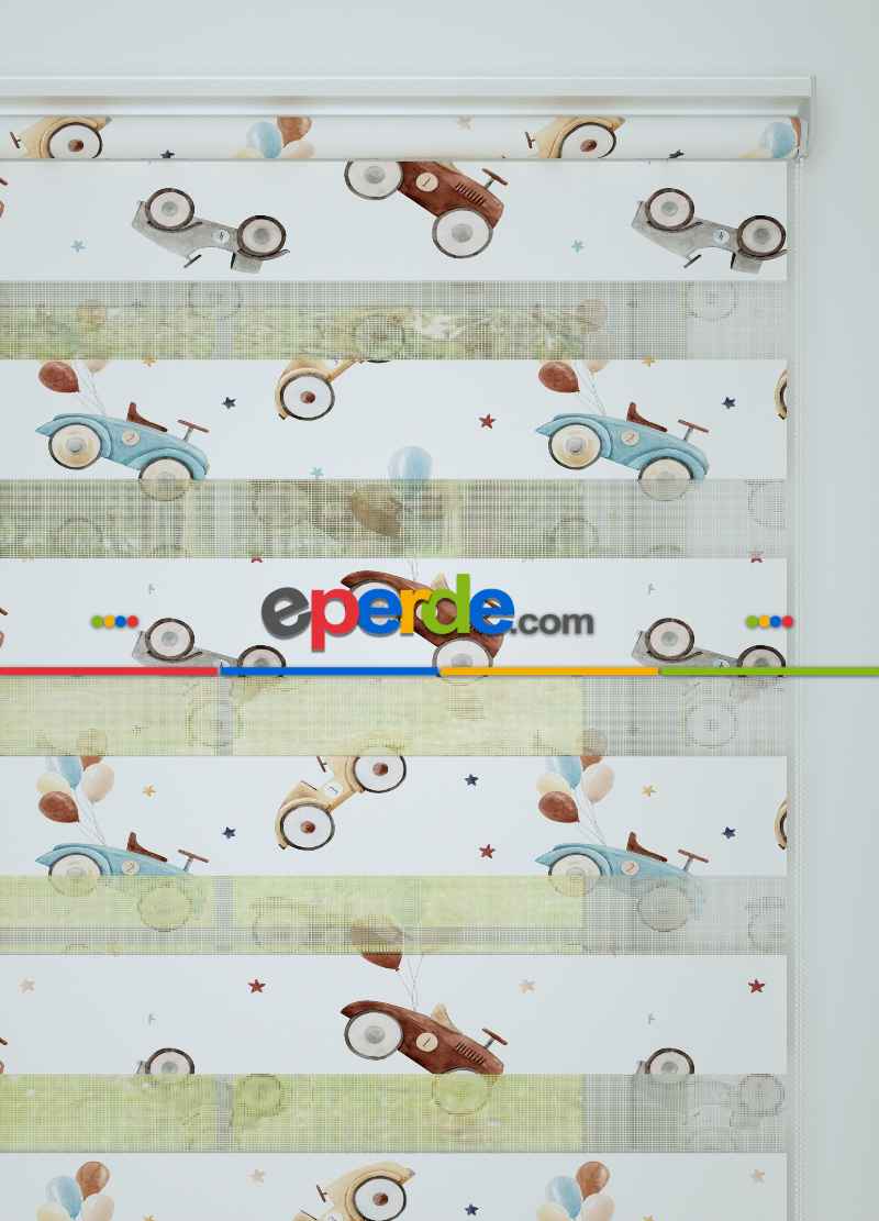 Çocuk Odası - Mavi Araba Desenli Baskılı Zebra Perde