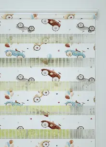 Bebek Odası - Mavi Araba Desenli Baskılı Zebra Perde