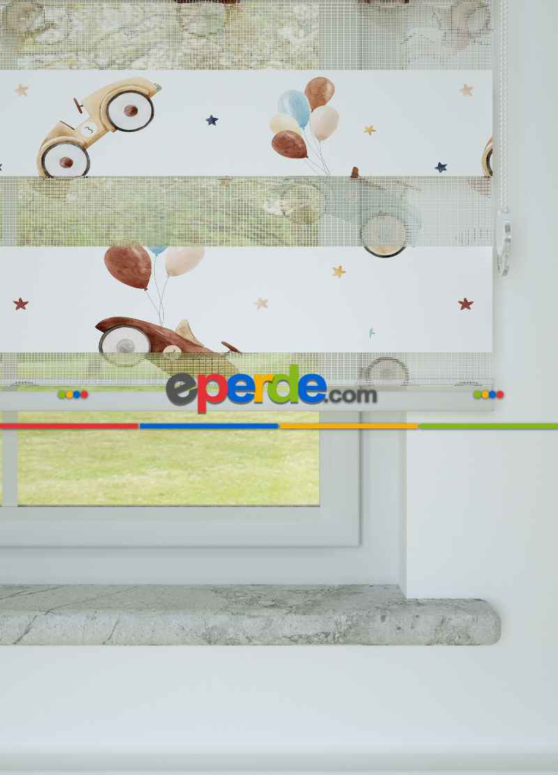 Çocuk Odası - Mavi Araba Desenli Baskılı Zebra Perde