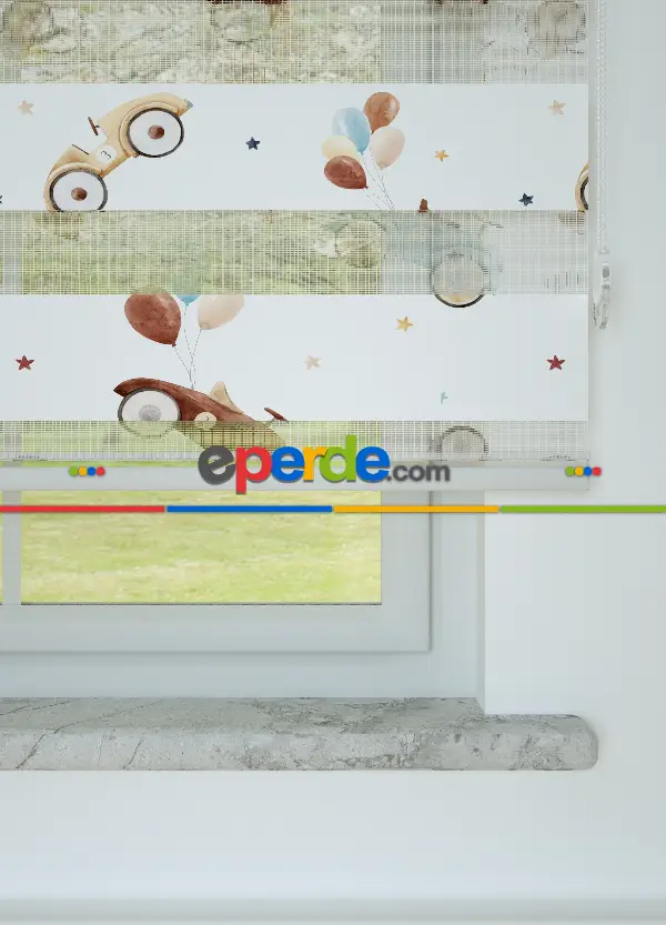 Bebek Odası - Mavi Araba Desenli Baskılı Zebra Perde