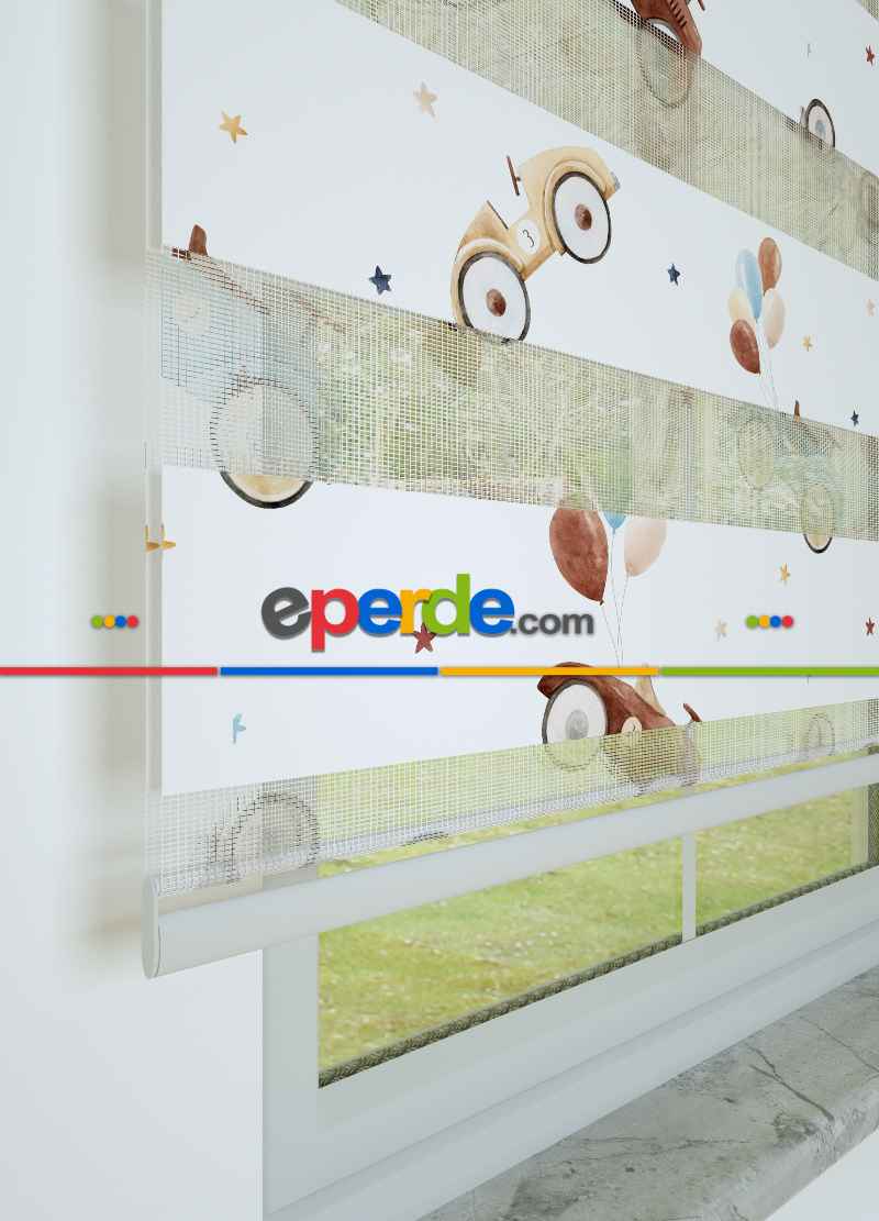 Çocuk Odası - Mavi Araba Desenli Baskılı Zebra Perde