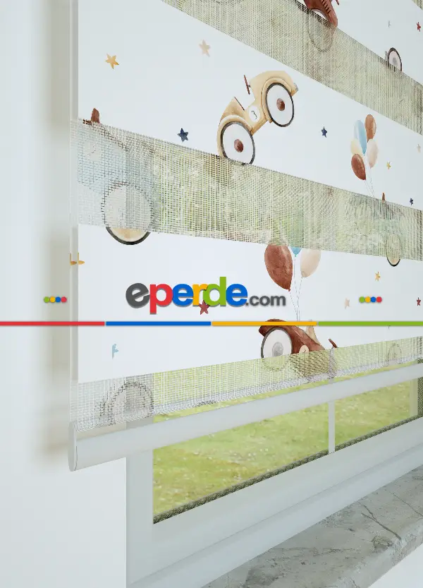 Bebek Odası - Mavi Araba Desenli Baskılı Zebra Perde