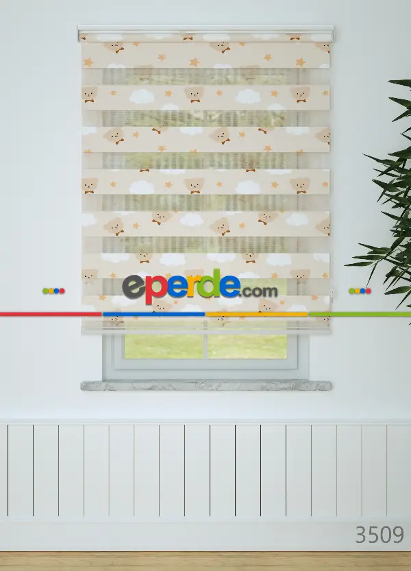 Bebek Odası - Açık Somon Ayıcık Desenli Baskılı Zebra Perde