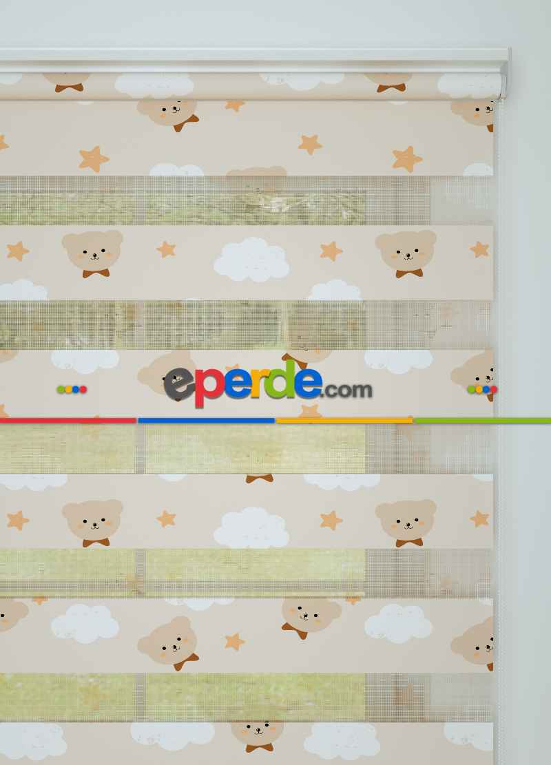 Açık Somon Ayıcık Desenli Baskılı Zebra Perde