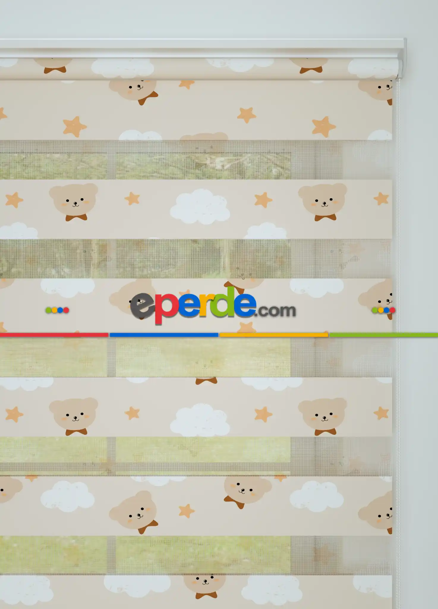 Bebek Odası - Açık Somon Ayıcık Desenli Baskılı Zebra Perde