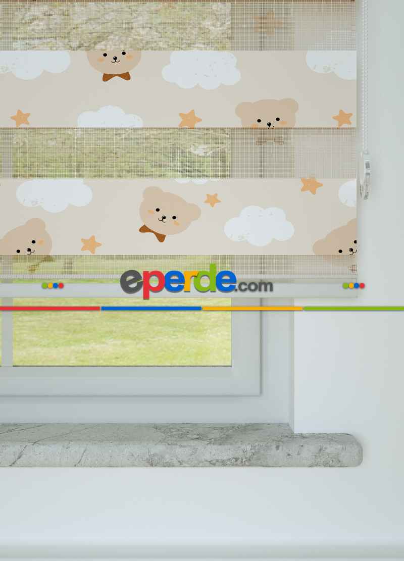 Açık Somon Ayıcık Desenli Baskılı Zebra Perde