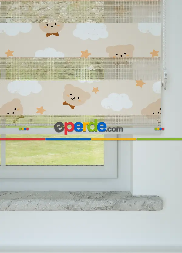 Bebek Odası - Açık Somon Ayıcık Desenli Baskılı Zebra Perde