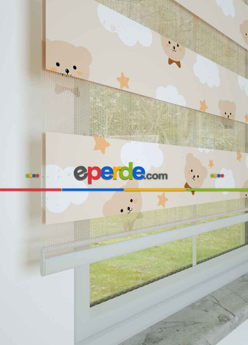 Açık Somon Ayıcık Desenli Baskılı Zebra Perde