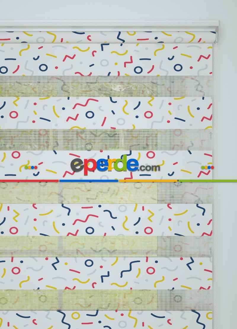 Çocuk Odası - Pembe Sarı Konfeti Desenli Baskılı Zebra Perde