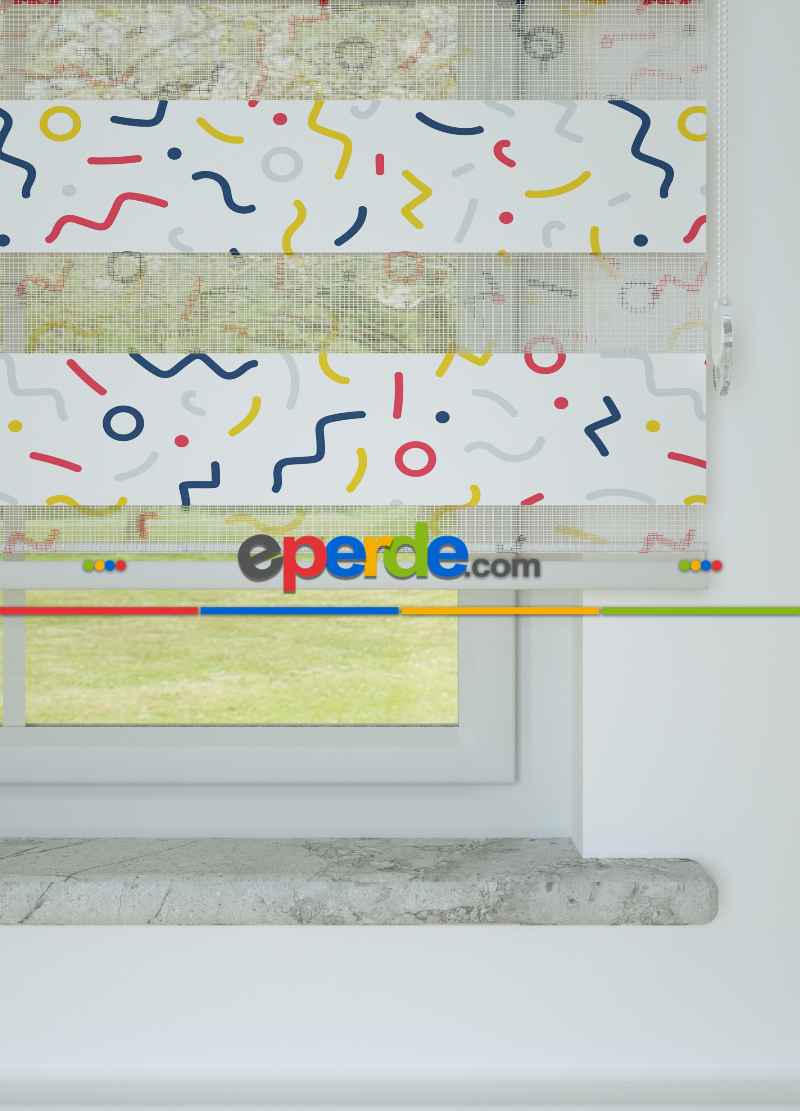 Çocuk Odası - Pembe Sarı Konfeti Desenli Baskılı Zebra Perde