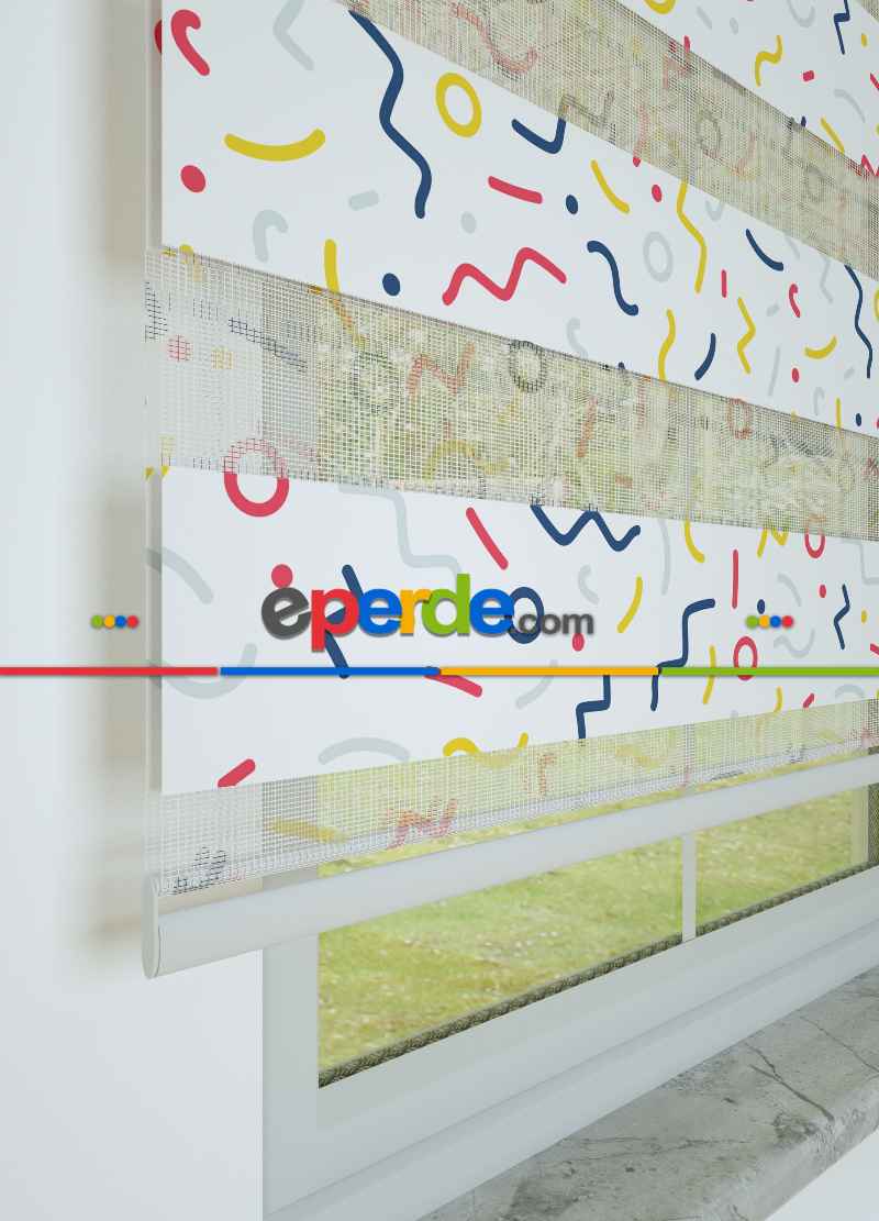 Çocuk Odası - Pembe Sarı Konfeti Desenli Baskılı Zebra Perde