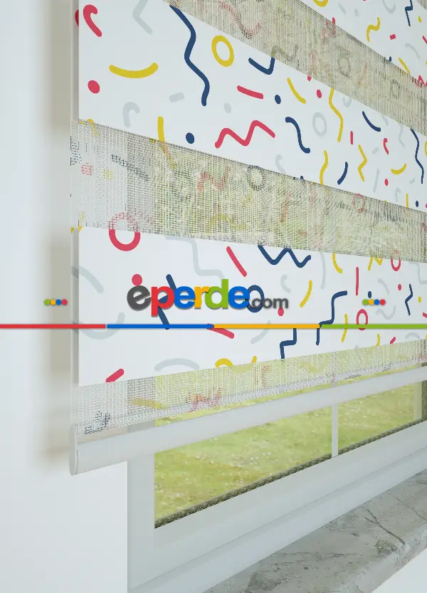 Pembe Sarı Konfeti Desenli Baskılı Zebra Perde