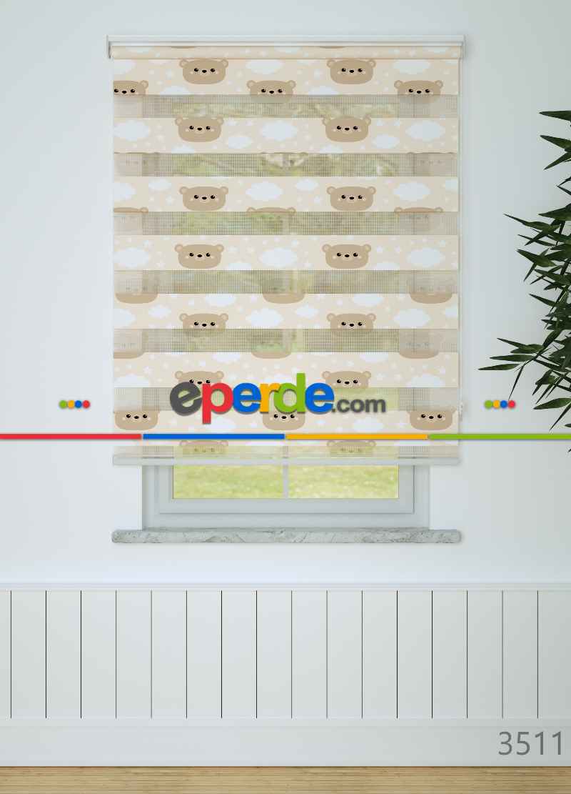 Çocuk Odası - Açık Somon Ayıcık Ve Bulut Desenli Baskılı Zebra Perde