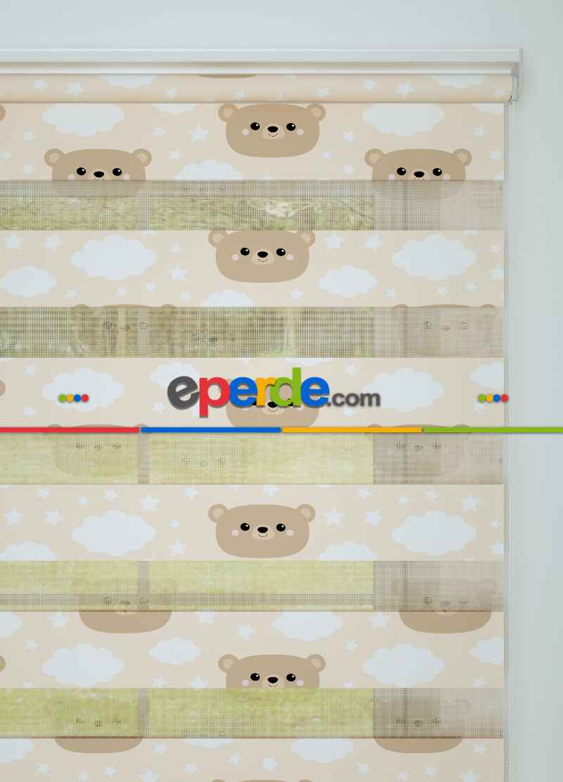 Çocuk Odası - Açık Somon Ayıcık Ve Bulut Desenli Baskılı Zebra Perde