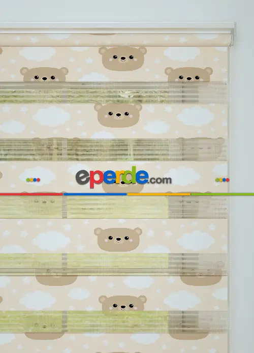 Açık Somon Ayıcık Ve Bulut Desenli Baskılı Zebra Perde