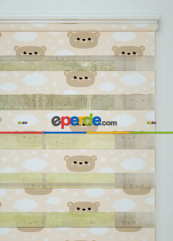 Bebek Odası - Açık Somon Ayıcık Ve Bulut Desenli Baskılı Zebra Perde