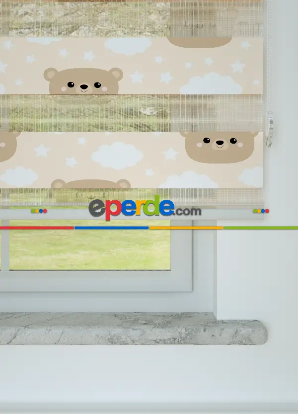 Bebek Odası - Açık Somon Ayıcık Ve Bulut Desenli Baskılı Zebra Perde