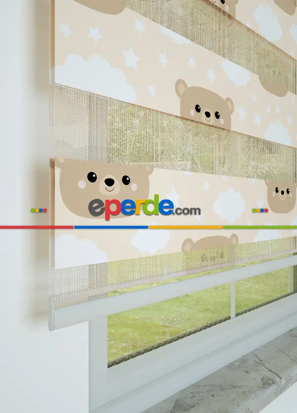 Bebek Odası - Açık Somon Ayıcık Ve Bulut Desenli Baskılı Zebra Perde