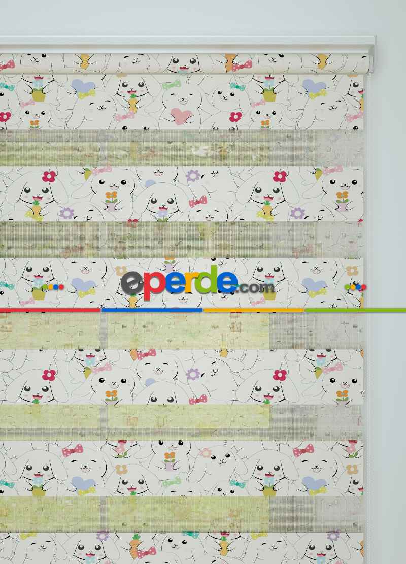 Çocuk Odası - Yeşil Turuncu Yavru Köpek Desenli Baskılı Zebra Perde