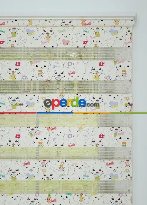 Yeşil Turuncu Yavru Köpek Desenli Baskılı Zebra Perde