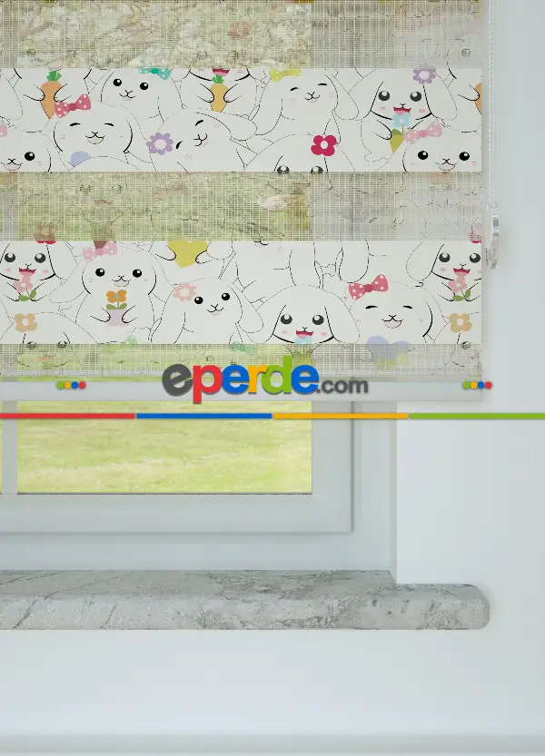 Çocuk Odası - Yeşil Turuncu Yavru Köpek Desenli Baskılı Zebra Perde