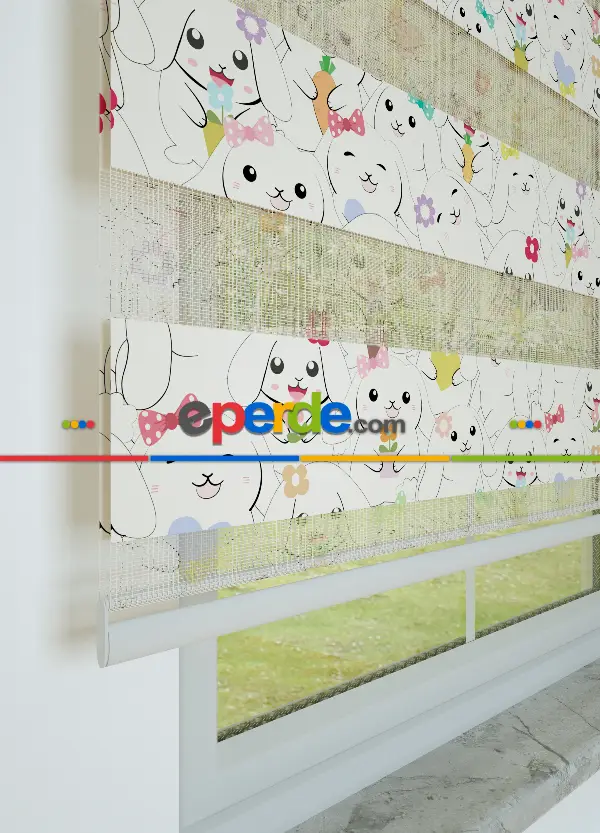 Çocuk Odası - Yeşil Turuncu Yavru Köpek Desenli Baskılı Zebra Perde