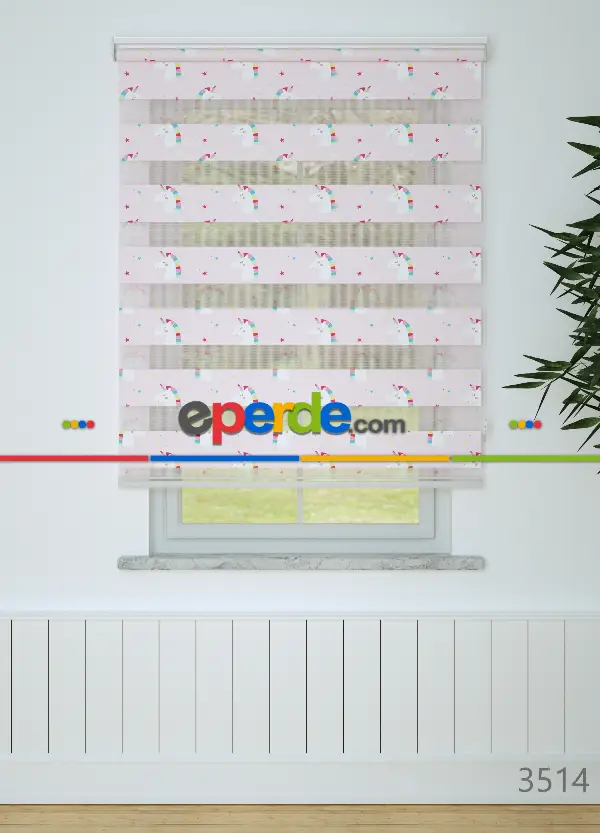 Açık Pembe Unicorn Desenli Baskılı Zebra Perde