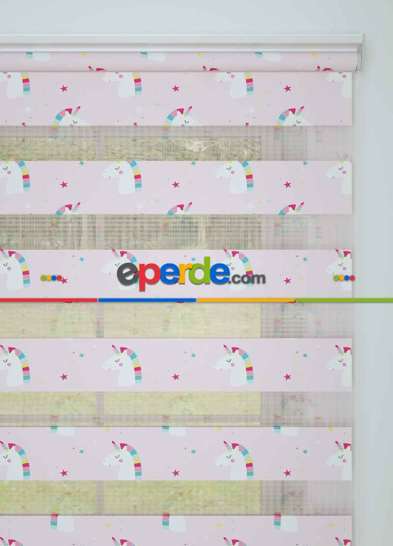 Açık Pembe Unicorn Desenli Baskılı Zebra Perde