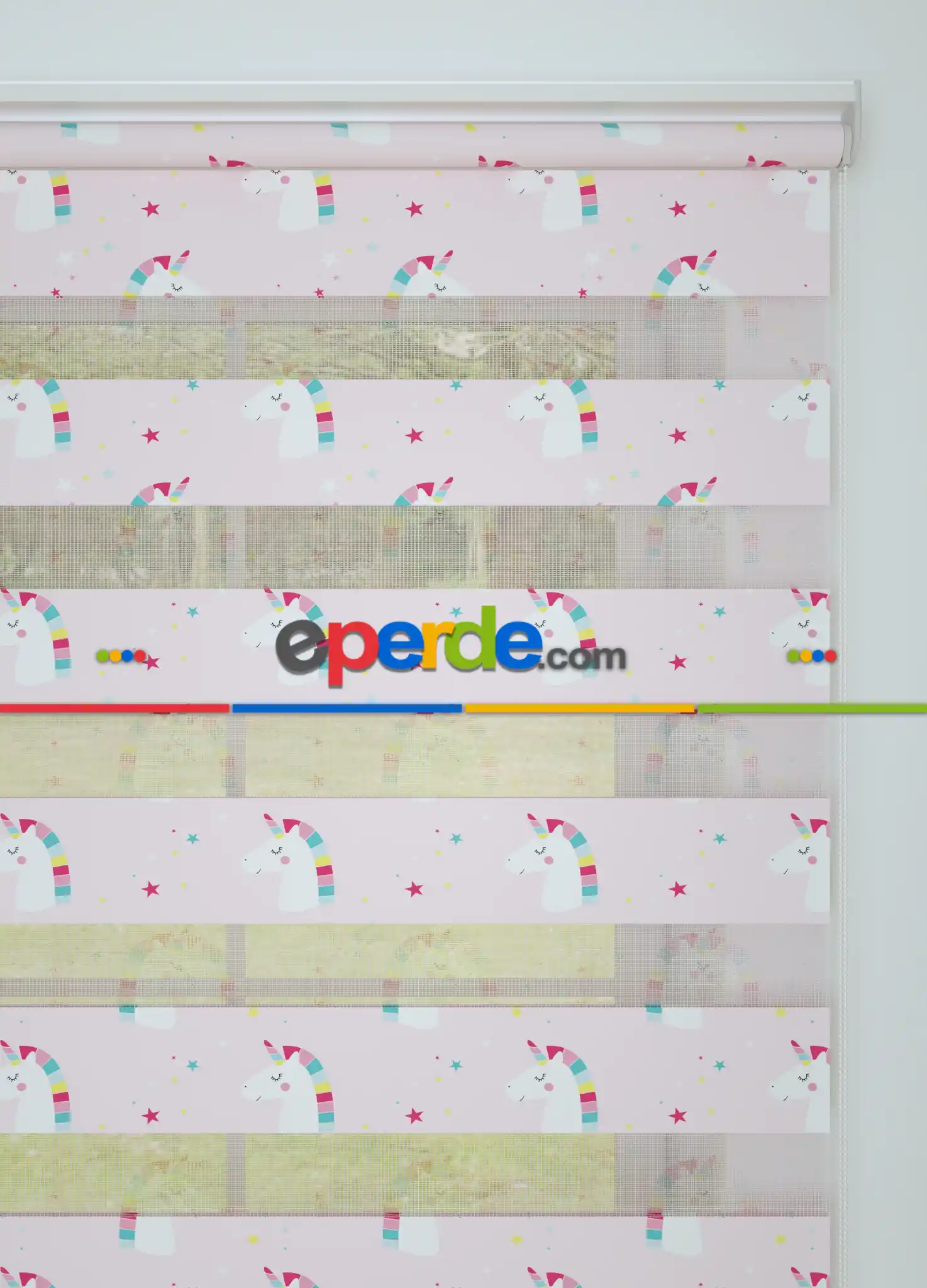 Açık Pembe Unicorn Desenli Baskılı Zebra Perde