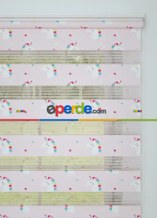 Açık Pembe Unicorn Desenli Baskılı Zebra Perde