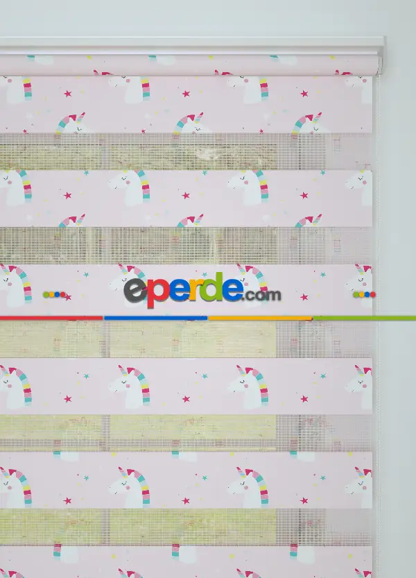 Açık Pembe Unicorn Desenli Baskılı Zebra Perde