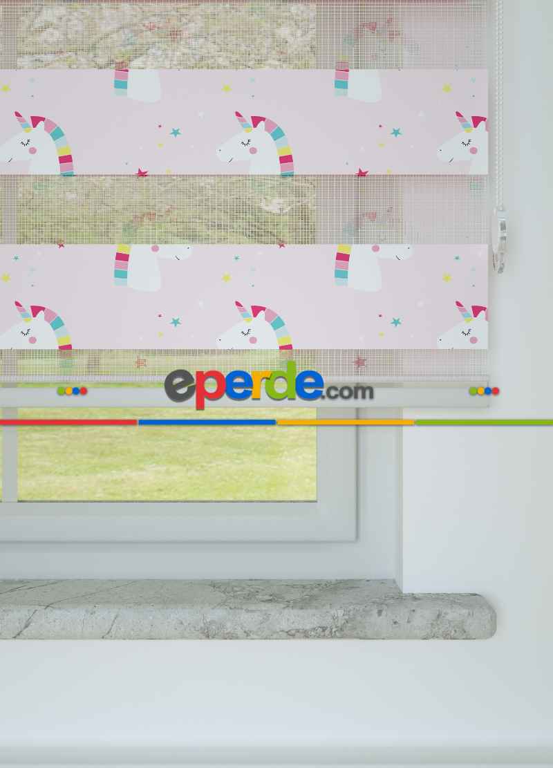Açık Pembe Unicorn Desenli Baskılı Zebra Perde