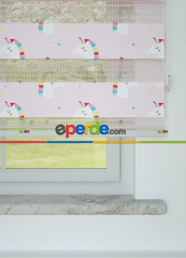 Açık Pembe Unicorn Desenli Baskılı Zebra Perde