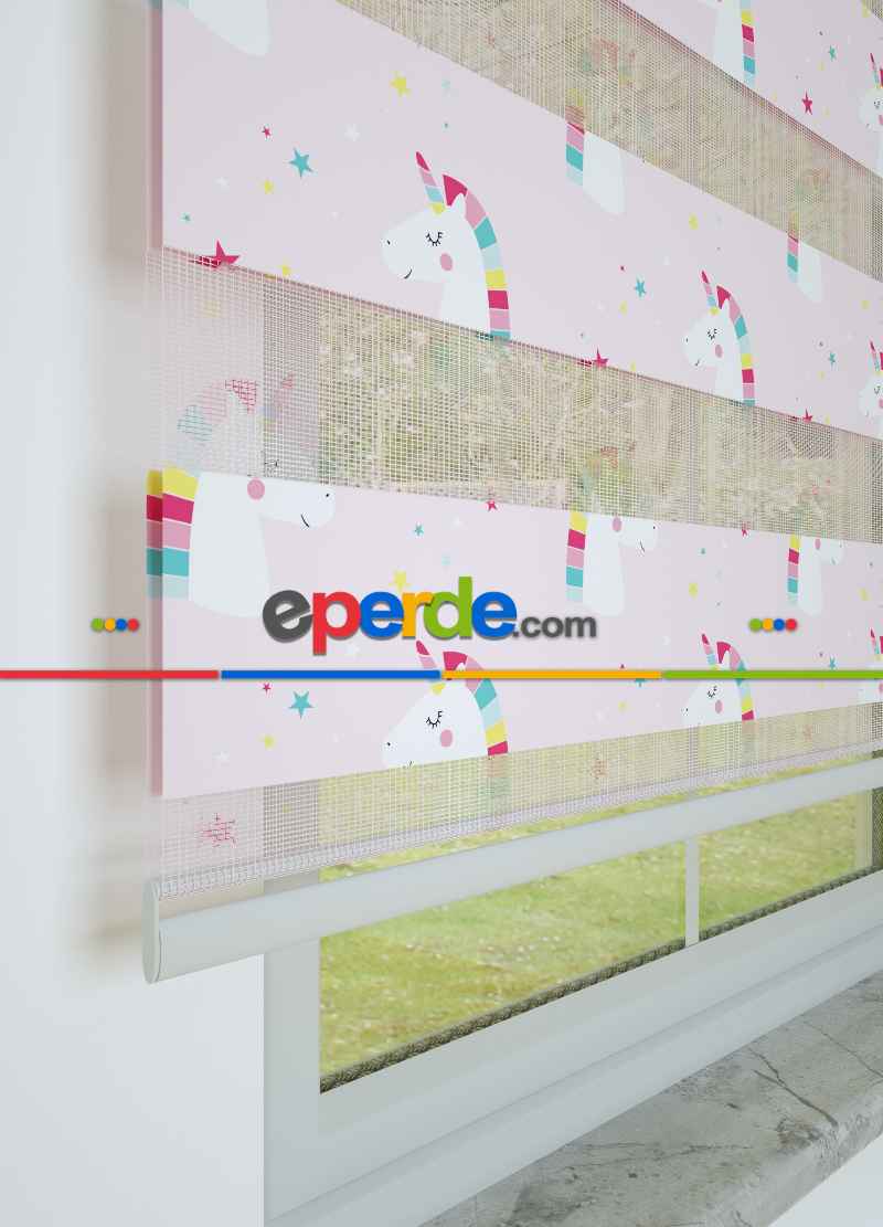 Açık Pembe Unicorn Desenli Baskılı Zebra Perde