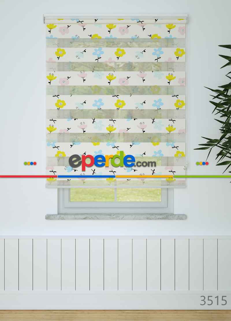 Çocuk Odası - Pembe Mavi Çiçek Desenli Baskılı Zebra Perde