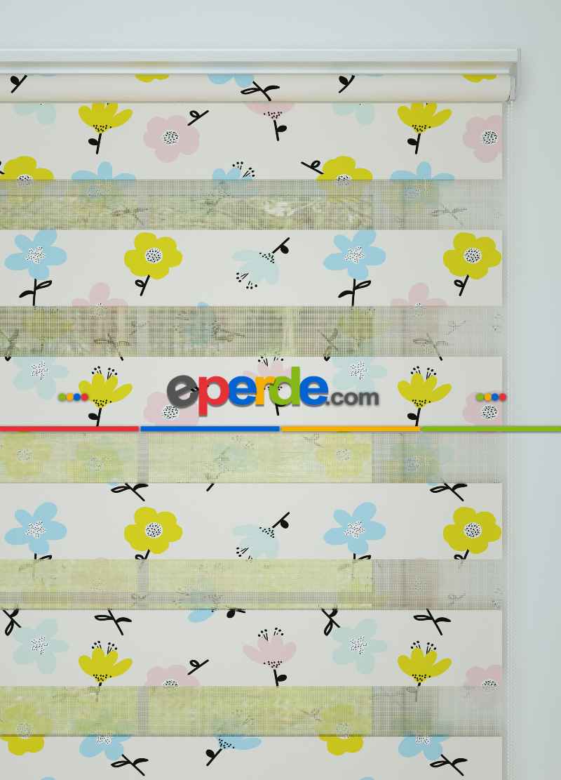 Çocuk Odası - Pembe Mavi Çiçek Desenli Baskılı Zebra Perde