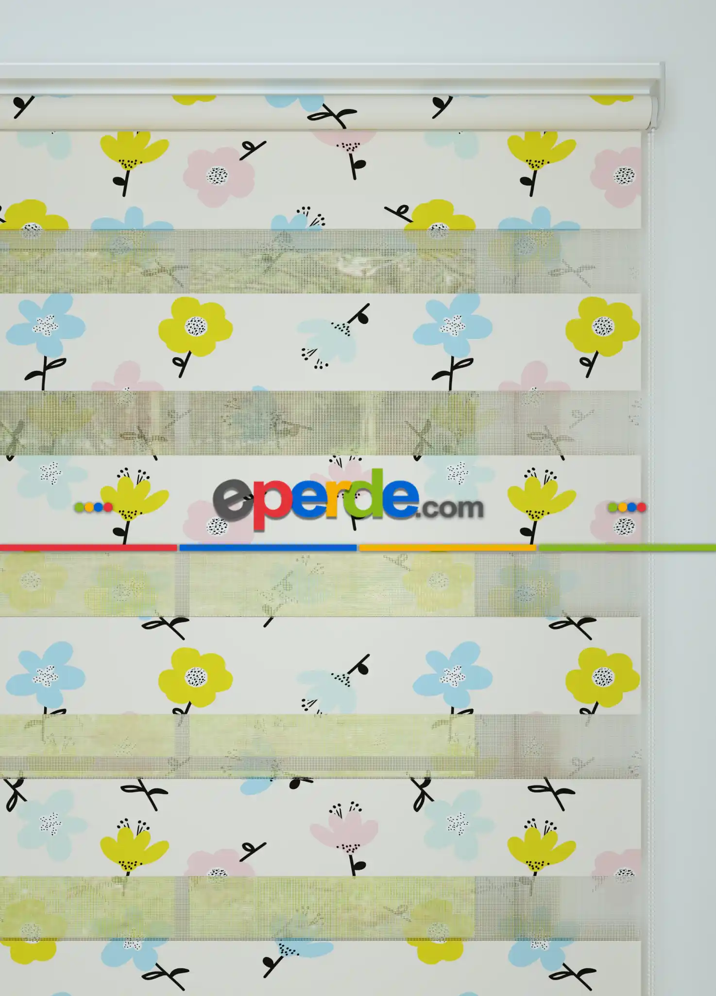 Pembe Mavi Çiçek Desenli Baskılı Zebra Perde