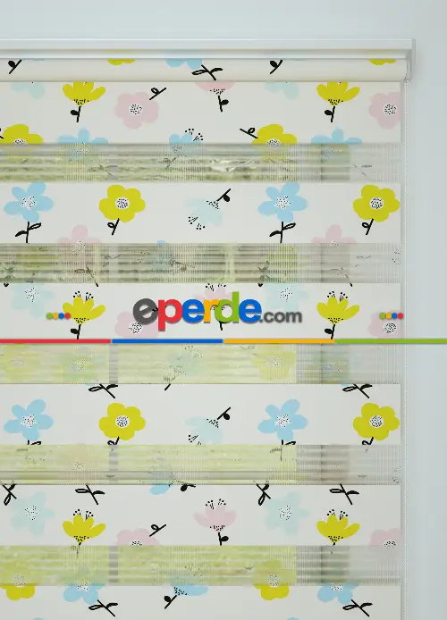 Pembe Mavi Çiçek Desenli Baskılı Zebra Perde